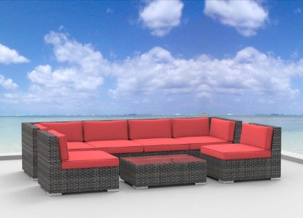 Urban Furnishingnet - OAHU 7pc Modern Outdoor Backyard Wicker Rattan Patio Furniture Sofa Sectional Couch Set - Coral Red