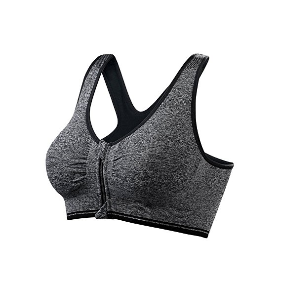 Women Sports Bras with Zipper Front Racerback Bra Wirefree Padded Pushup Support