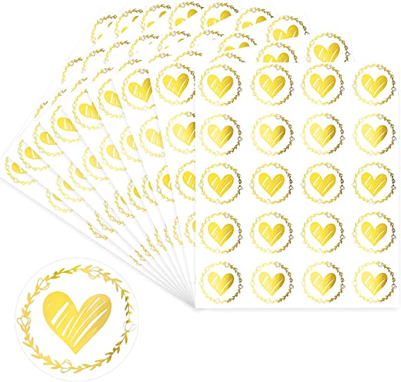 500 Pieces Clear Heart Envelope Seals Transparent Bronzing Heart Stickers Heart Decorative Sticky Label 1.26 Inch Round Sealing Sticker for Wedding Invitation Card Envelope Party Favor (Gold)