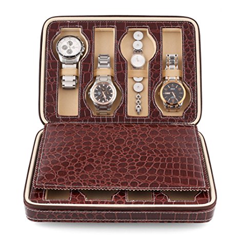 Amzdeal 8 Slots Watch Display Box, Zippered Luxury Leatherette Crocodile Pattern (Dark Red)