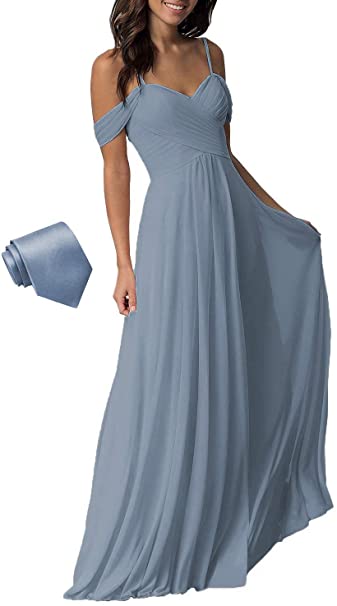 Long Cold Shoulder Pleated Chiffon Wedding Bridesmaid Dresses for Women B005