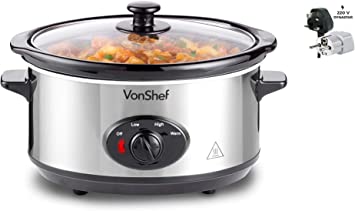 VonShef 220 240 Volts Slow Cooker Crockpot 3.5 Liter Small Size Stainless Steel; Removable Oval Pot, Toughened Glass Lid; Bundle with Dynastar plug adapter. 13010