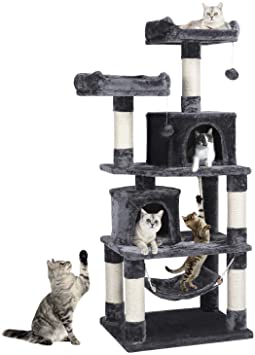 Yaheetech Multi-level Cat Tree Tower for Medium/Large Cats, Broad-space Kitty Sisal Scratching Post Activity Centre with Condos/Plush Perches/Hammock/Toy, Dark Grey