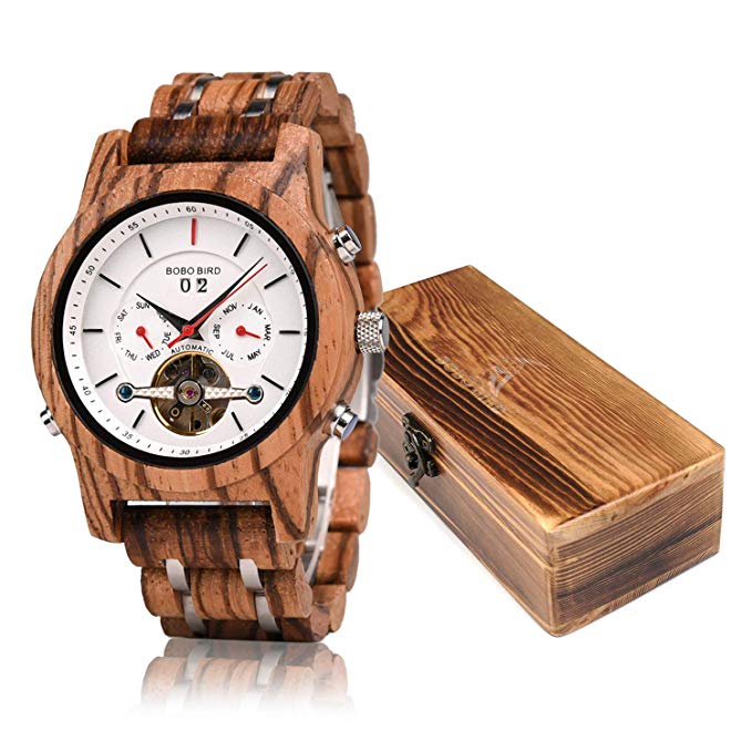 Mens Wooden Mechanical Watches Multifunction Date & Chronograph Business Luxury Wood Watch for Men