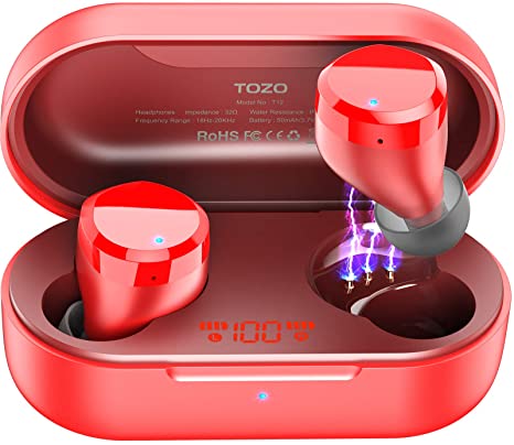 TOZO T12 Wireless Earbuds Bluetooth Headphones HiFi Sound Quality and Wireless Charging Case Digital Intelligence LED Display IPX8 Waterproof Earphones Built-in Mic Headset Deep Bass for Sport Red