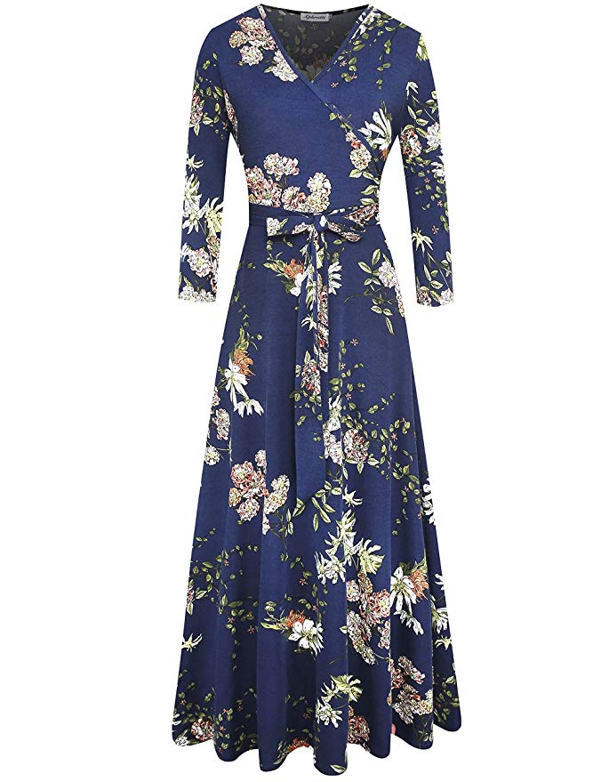 Aphratti Women's 3/4 Sleeve Faux Wrap V Neck Floral Vintage Long Maxi Dress