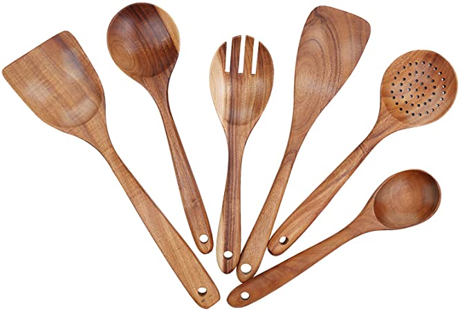 Freehawk Wooden Kitchen Utensils Set, Wood Cooking Spoons Set, Salad Fork, Strainer Spoon, Wooden Wok Spatula, Teak Wood Spatula, Soup Ladle, Serving Spoon, Set of 6