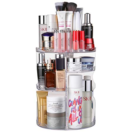 Jerrybox Makeup Organizer 360 Degree Rotation Adjustable Multi-Function Cosmetic Storage Box, Large Capacity, 5 Layers, Fits Toner, Creams, Makeup Brushes, Lipsticks and More (Transparent, Flower)