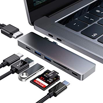 USB C Hub for Macbook Pro, USB Type C to HDMI Hub, USB C to HDMI, 2 USB 3.0 Ports, TF/SD Card Reader, USB C Power Delivery, 7-in-2 Aluminum USB C Adapter for MacBook Pro 13” and 15” 2016/2017/2018