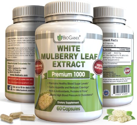 Best 100% Pure White Mulberry Leaf Extract Premium 1000mg | Natural High & Low Blood Sugar Control & Weight Loss Support Supplement - Fiber Rich, Increases Energy (60 Veggie Capsule Pills of 500mg)