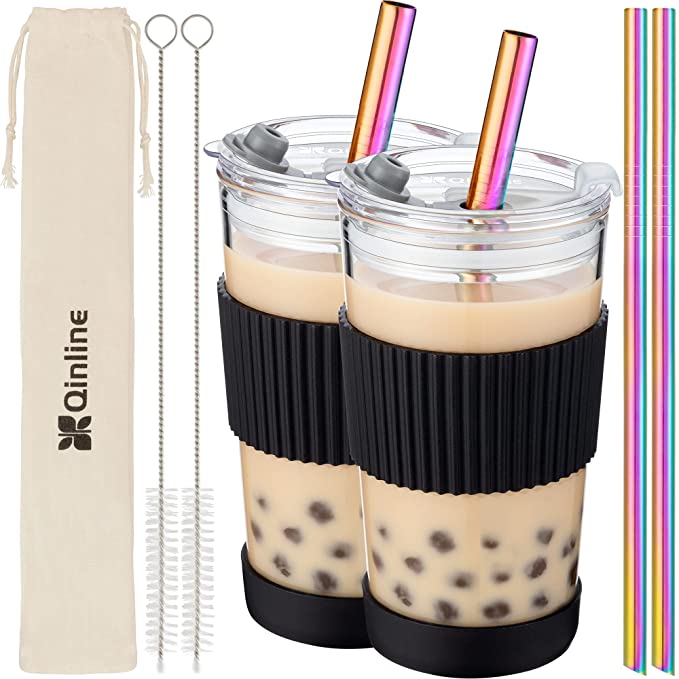 Boba Cup Reusable Smoothie Cups Bubble Tea Cup 2 Pack, 18Oz Glass Boba Tumbler with Lids & 4 Angled Straw, Silicone Sleeve, Leakproof Drinking Bottle Juicing Mug for Large Pearl Coffee Christmas Gifts