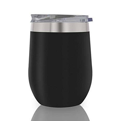 Labvon 12 OZ Insulated Stemless Glass,Double Wall Vacuum Stemless Wine Cup,Wine Glass Tumbler with Lid for Wine,Coffee,Drinks,Champagne,Cocktails Drinks,Champagne,Cocktails(Black)