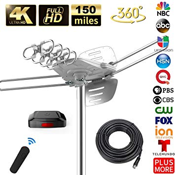 TV Antenna - 90% Pre-Assembled 150 Miles Range Outdoor Motorized 360 Degrees Amplified HDTV Antenna for 2 TVs Support - UHF/VHF 4K 1080P Channels Wireless Remote Control - 39FT Coax Cable