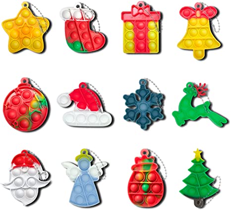 12Pcs Christmas Mini Pop It Keychain Fidget Toys, Mini Pop It Bubble Christmas Fidget Toy,Silicone Mini Pop Toys Fidget Keychain Relieve Anxiety Stress Fidget Toy