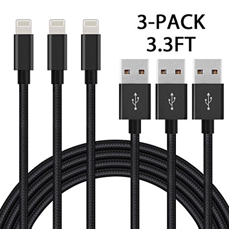 iPhone Cable, 3-Pack 3.3ft / 1M iPhone Charger Nylon Braided Lightning Cable for iPhone 7,iPhone 7 Plus,iPhone 6/6s,iPhone 6/6 Plus,iPhone 5/5s,iOS Devices