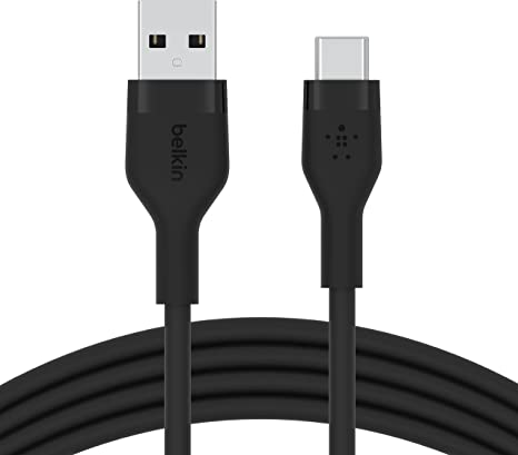 Belkin BoostCharge Flex Silicone USB Type C to A Cable (2M/6.6FT), USB USB-IF Certified USB-C Charging Cable for iPad Pro, Galaxy S21, Ultra, Plus, Note 20, Pixel, and More - Black