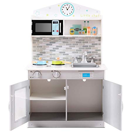 COSTWAY Kids Play Kitchen Set with Microwave Oven, Hooks, Stove and Removable Sink, Educational Children Pretend Kitchen Toy for Nursery and Kindergarten