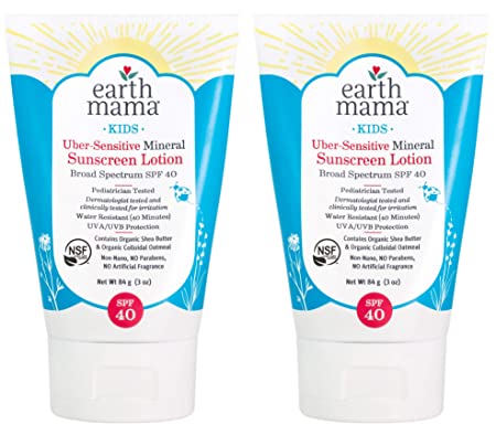 Kids Uber-Sensitive Mineral Sunscreen Lotion SPF 40 by Earth Mama | Reef Safe, Non-Nano Zinc, Contains Organic Shea Butter and Colloidal Oatmeal, 3-Ounce (2-Pack)
