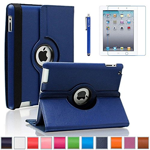 iPad 2/3/4 Case, AiSMei 360 Degree Rotating Stand Case Cover with Wake Up/Sleep Function For Apple iPad 2,the New iPad,iPad 4 [the 2nd,3rd,4th Gen 9.7-Inch iPad] [Case Film Stylus] -Navy Blue