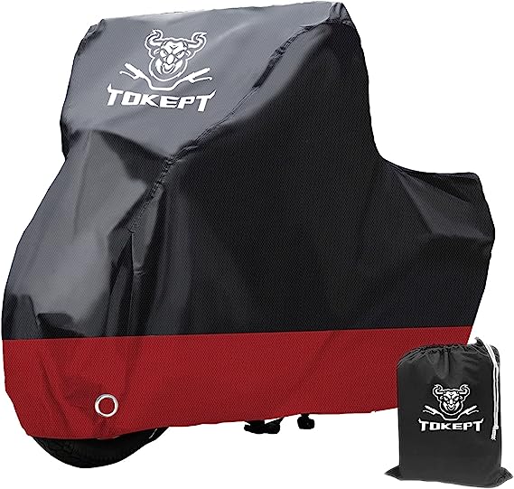 Tokept Black with Red Motorcycle Cover, 210D Oxford Fabric All Weather Water Sun Protection, 104 inch Vehicle Cover for Harley Davidson Honda Suzuki Kawasaki Yamaha (XXL)