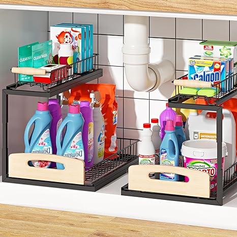 G-TING 2 Pack Under Sink Organizer, L Shaped 2 Tier Pull Out Cabinet Organizer, Multi-Purpose Sliding Under Cabinet Storage for Kitchen, Bathroom, Black