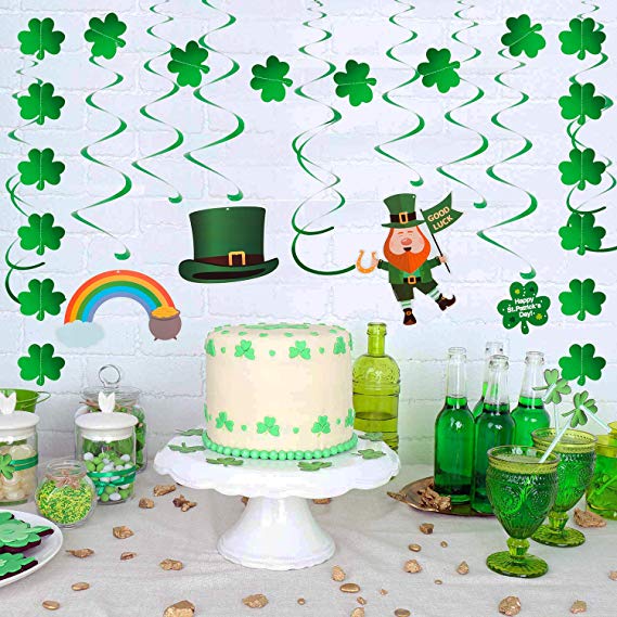 YIHONG St. Patrick's Day Decorations Set, 30 Pieces Lucky Irish Green Shamrock Foil Swirl String Hanging Decoration for Home Office Theme Party Decor