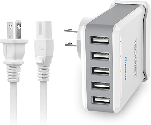 40W 5V/10A Family-Sized 5 Ports Desktop USB Wall Charger with BLUETEK™ Technology for Apple iPhone, iPad Mini, iPad Pro, Samsung Galaxy, Nexus, HTC, Motorola, LG and More (White)