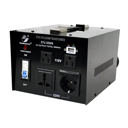 Goldsource STU-N 3000W Series Heavy-duty AC 110220V Step Up  Down Voltage Transformer  Converter with US Standard Universal GermanFrench Schuko AC Outlets and DC 5V USB Port - 3000 Watt