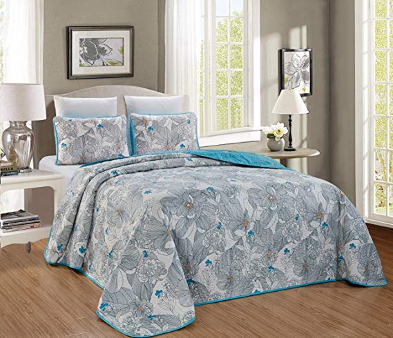 GrandLinen 3-Piece Fine Printed Chic Quilt Set Reversible Bedspread Coverlet King/Cal King Size Bed Cover (Blue, Grey, Black Floral)