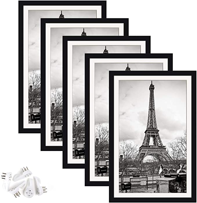 upsimples 11x17 Picture Frame Set of 5,Display Pictures 9x15 with Mat or 11x17 Without Mat,Wall Gallary Photo Frames,Black