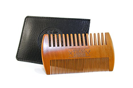 BEST DEAL! Wood Beard Comb Dual Action - Fine & Coarse Teeth w/ Protective Synthetic Leather Case, Top Wooden Beard & Mustache Pocket Comb by Viking Revolution