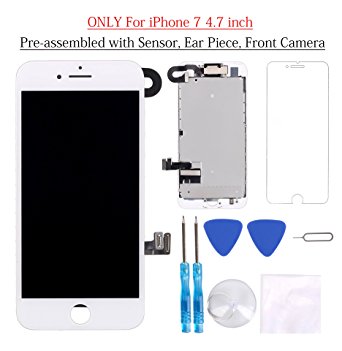 Glob-Tech iPhone 7 4.7 Inch Digitizer Full Assembly Replacement LCD Display Touch Screen Pre-assembled with Facing Proximity Sensor   Ear Speaker   Front Camera   Repair Tools Screen Protector,White