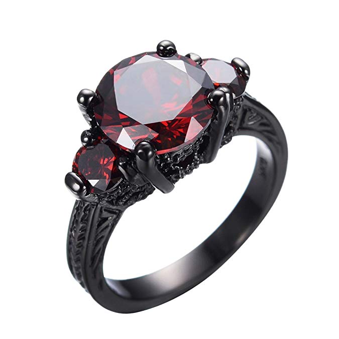 JunXin Black Gold Round Cut Three-stone Ruby Diamond Ring Cubic Zirconia Size6/7/8/9/10