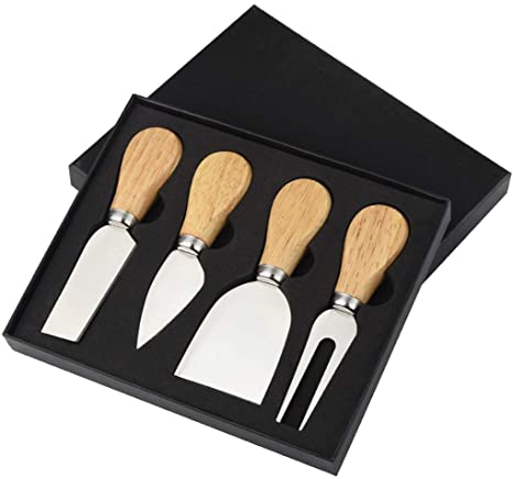 Marrywindix 4 Pieces Cheese Knives Set with Original Bamboo Wood Handle Steel Stainless Cheese Cutter for Party Trays and Dinner Table