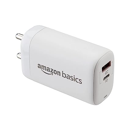 Amazon Basics 65W Dual Port GaN Charger for Mobile Phones, Laptops | USB-A and USB-C, Fast Charging | for iPhone 14/13/12 Series, OnePlus 11/11R/10/9/9T/9R/Nord, MacBook Air/Pro, Galaxy Book Series