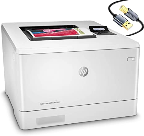 HP Color Laserjet Pro M454dn Print only Wired Laser Printer, 2-line Backlit LCD Display, 28 ppm, Auto Duplex Printing, 600 x 600 dpi, 8.5 x 14, USB 2.0, Ethernet, White, Cbmou Printer Cable