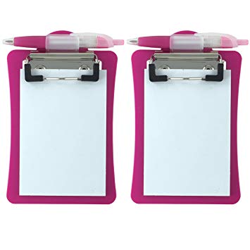 Clipco Mini Clipboard with Magnetic Back Includes Paper Pad and Pen (2-Pack) (Pink)