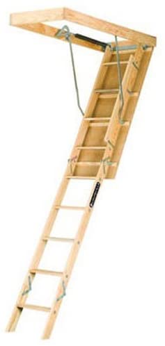 Louisville Ladder L224P Duty Rating Wooden Attic Ladder Fits 8-Foot 9-Inch to 10-Foot Ceiling Height, 22.5-by-54-Inch Ceiling Rough Opening, 250-Pound