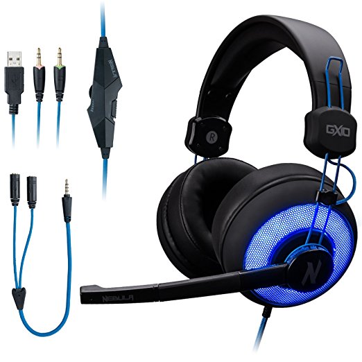 ROSEWILL Stereo Gaming Headset with Mic and LED for PC/ Computer/ PS4/ MAC/ Xbox One/ Laptop/ iPad, Gaming Headphone with Blue LED Ring, Adjustable Microphone, Comfortable Headband, In-line Controller