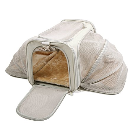 Airline Approved Cat Dog Pet Carrier - Expandable Mesh Bag, For Car or Airplane (Medium, Khaki)