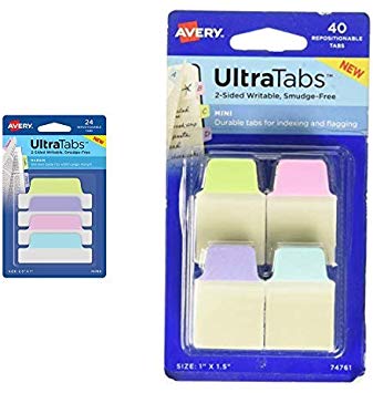 Avery Ultra Tabs, 2.5" x 1", 2-Side Writable, Pastel Blue/Pink/Purple/Green, 24 Repositionable Margin Tabs (74769) and Mini Ultra Tabs,2-Side Writable, Pastel Purple/Blue/Pink, 40 Repositionable Tabs