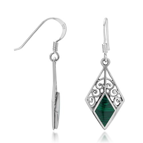 925 Sterling Silver Bali Inspired Gemstone Filigree Dangle Hook Earrings