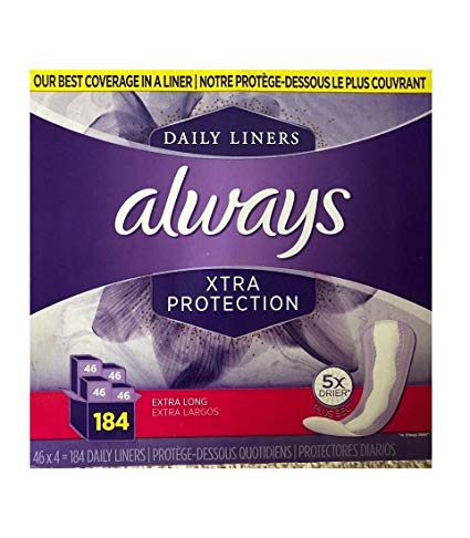 ALWAYS Daily Liners Xtra Protection 5X Drier Plus sec, Extra Long, 46Count (Pack of 4)