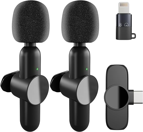 2 Pack Wireless Microphone for iPhone Android Laptop, Mini Lavalier Microphone Plug-Play, Auto Sync and Noise Reduction, Clip On Lapel Mic for Video Recording, YouTube, TikTok, Live Streaming, Vlog