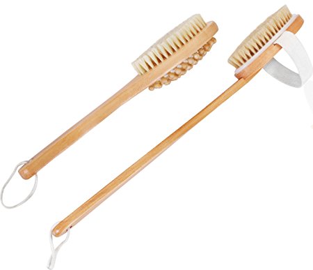 100 Percent Natural Boar Bristle Wooden Bath and Body Brush Set with Back Scrubber and Long Handle - Exfoliate Skin and Cellulite - by Utopia Home