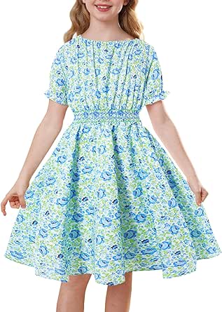 Girls Floral Smocked Waist Dresses Midi Puff Sleeve Dress with Pockets Size 7-14