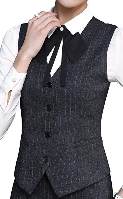 Foucome Women's Pinstripe Formal Casual Suit Slim Fit Button Down Vest Waistcoat