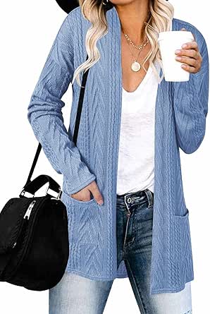 MEROKEETY Women's Casual Long Sleeve Open Front Cable Knit Cardigans Lightweight Solid Color with Pockets