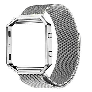 Fitbit Blaze Accessories Band Large with Metal Frame Housing,Kartice Milanese Loop Stainless Steel Bracelet Strap Band with Magnet Lock for Fitbit Blaze (Milanese Silver & Frame Silver Large)
