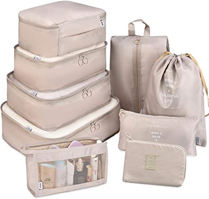Packing Cubes for Travel, 9 Set Luggage Organizers with Shoe Bag, Electronics Bag, Cosmetics Bag, Compression Cells, Accessories Bags Made With Wearable Waterproof Fabric (9 PCS - Beige)